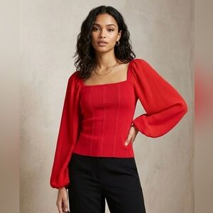 River Island Red Square-Neck Pleated Balloon Sleeve Top